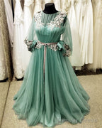 Long Sleeve Sage Green Tulle Dress With Lace Embroidery