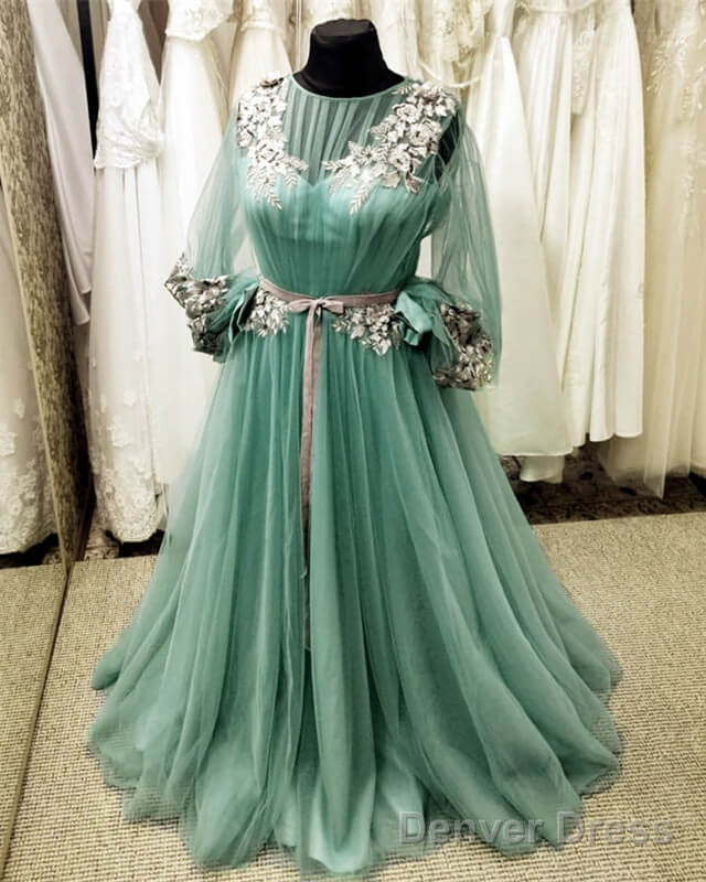 Long Sleeve Sage Green Tulle Dress With Lace Embroidery
