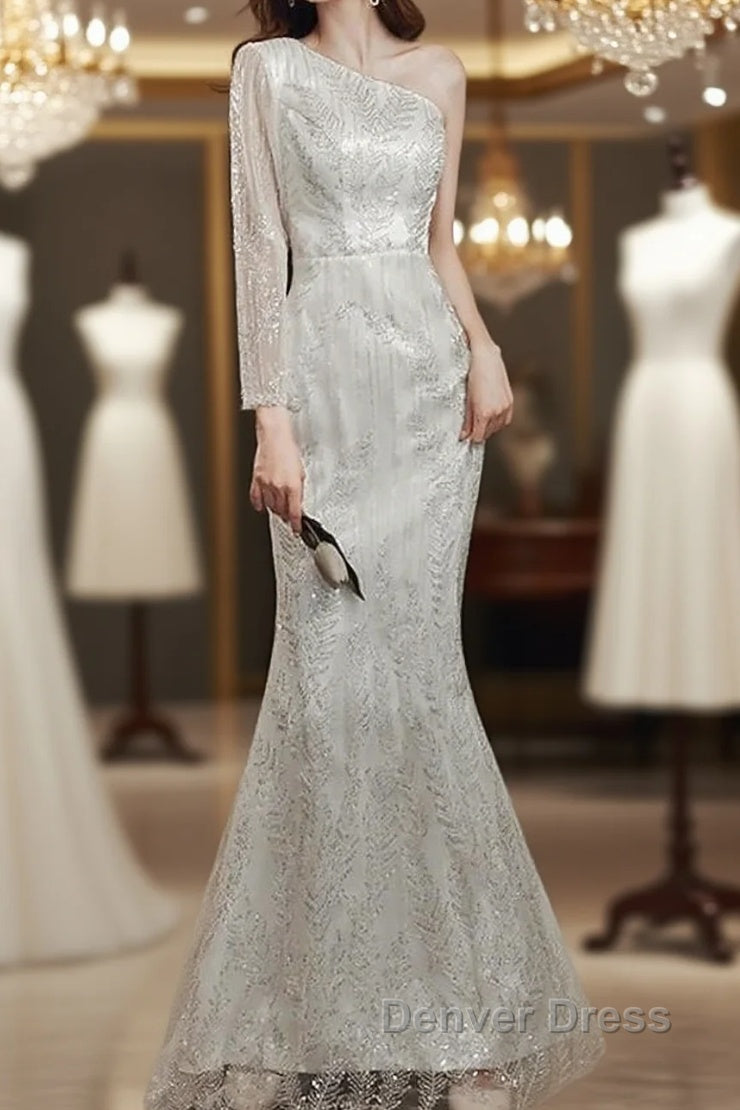 Long Sleeve Sequin Champagne Prom Dresses Main image