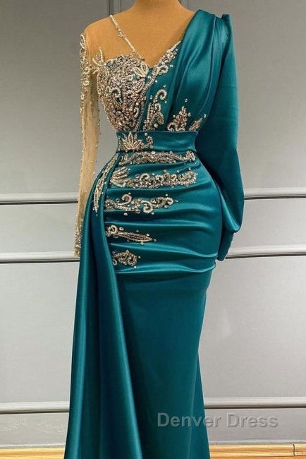 Long Sleeve Sheer Beading Ruched Satin Green Trumpet Mermaid Prom Dresses Secondary image