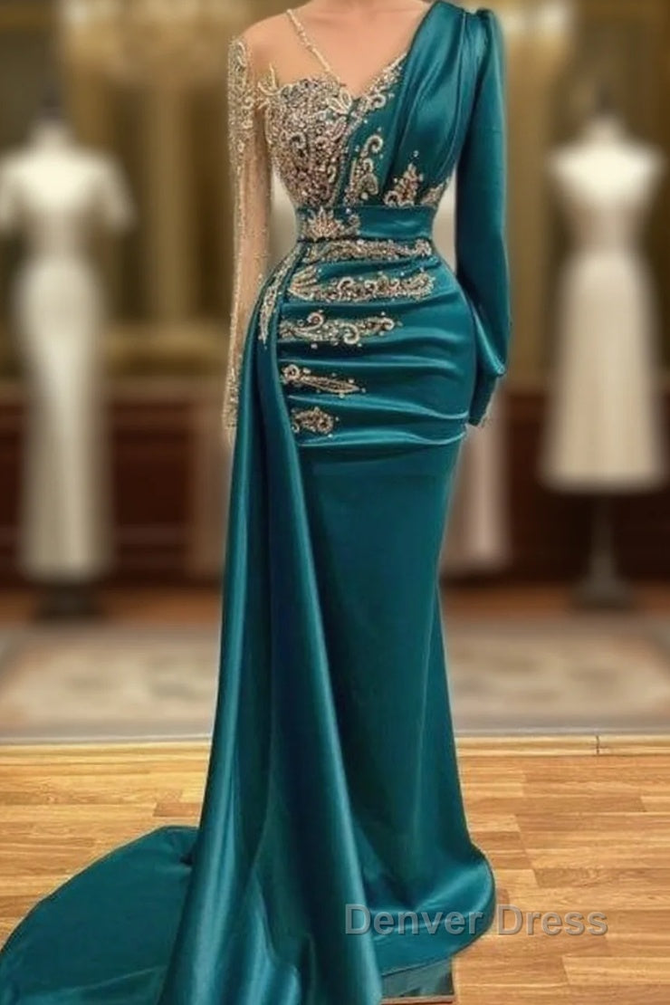 Long Sleeve Sheer Beading Ruched Satin Green Trumpet Mermaid Prom Dresses Main image