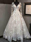 Long Sleeve V Neck A Line Wedding Dresses Backless Lace Appliques Bridal Gowns Prom Dress