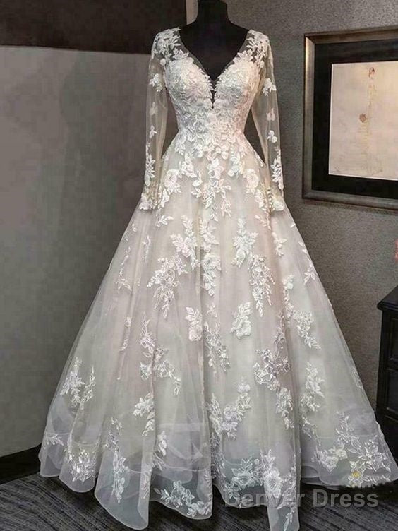 Long Sleeve V Neck A Line Wedding Dress Backless Lace Appliques Bridal Gown Prom Dresses