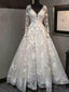 Long Sleeve V Neck A Line Wedding Dress Backless Lace Appliques Bridal Gown Prom Dresses