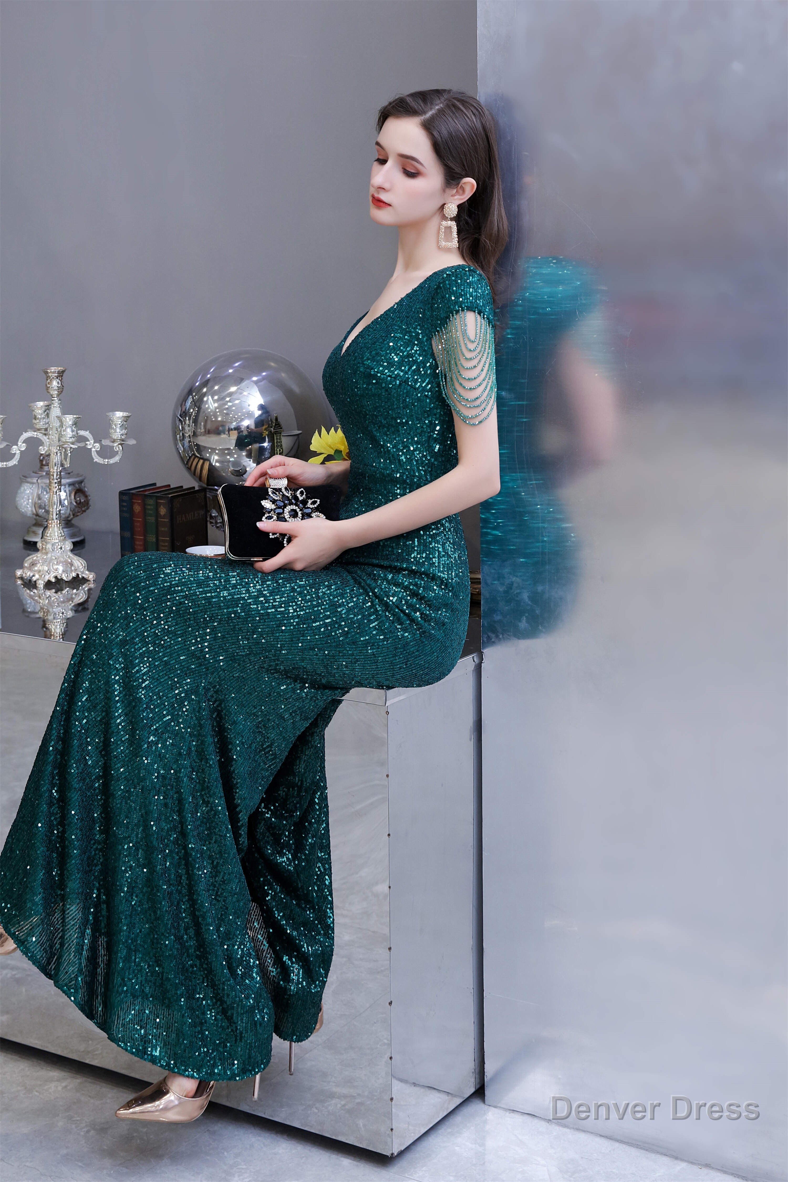 Long Sleeve V Neck Lace Prom Dresses Thin Cap Sleeve