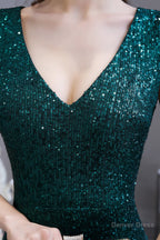 Long Sleeve V Neck Lace Prom Dresses Thin Cap Sleeve