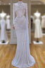 Long Sleeve White Sequin Pleated Long Prom Dresses