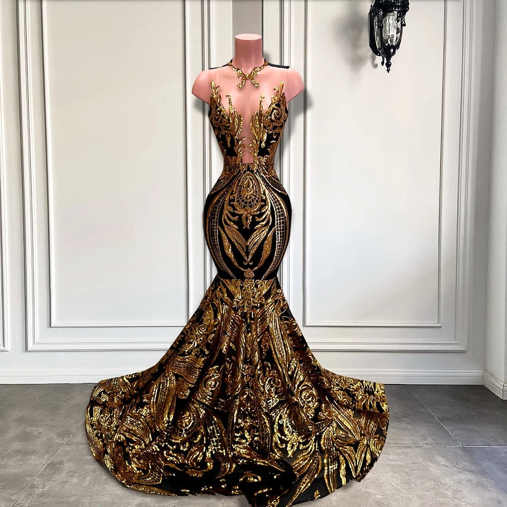 Long Sleeveless Mermaid Prom Dress With Gold Sequins Secondary image