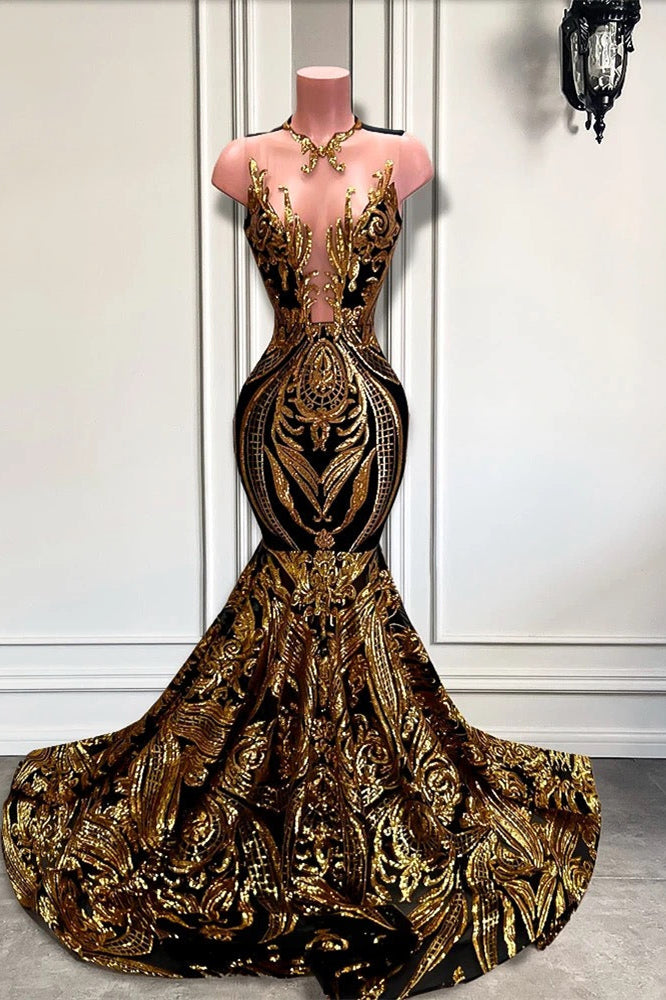 Long Sleeveless Mermaid Prom Dress With Gold Sequins