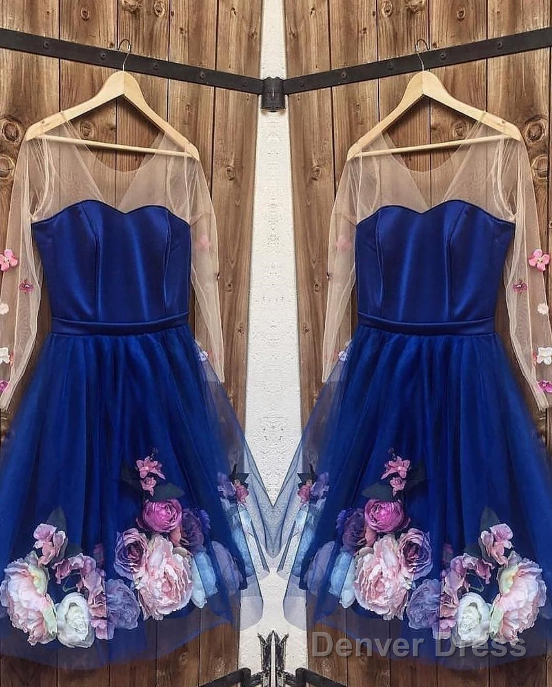 Long Sleeves 3D Floral Short Blue Prom Dresses, Short Blue Formal Graduation Homecoming Dresses Secondary image