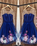 Long Sleeves 3D Floral Short Blue Prom Dresses, Short Blue Formal Graduation Homecoming Dresses