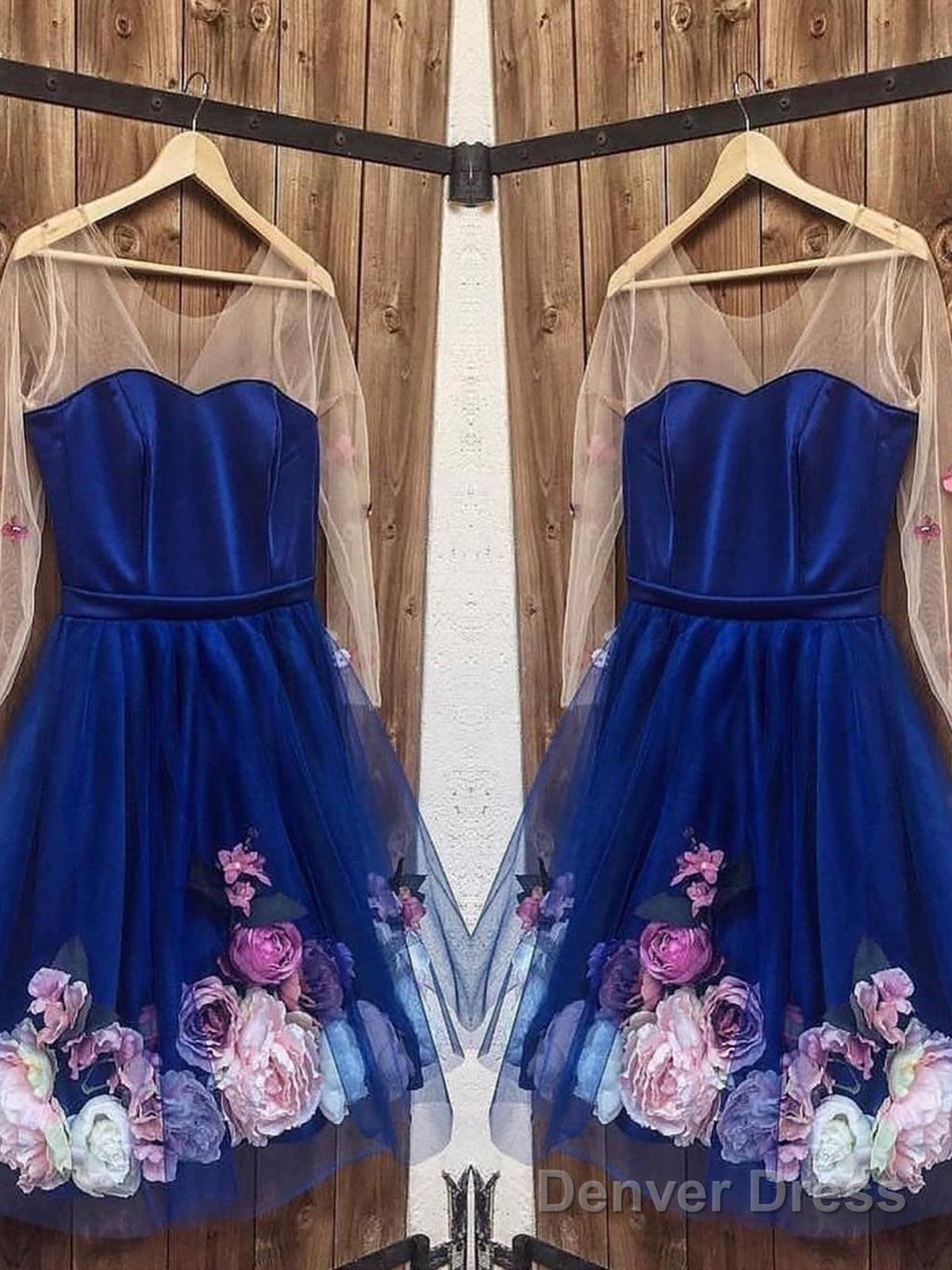 Long Sleeves 3D Floral Short Blue Prom Dresses, Short Blue Formal Graduation Homecoming Dresses Main image