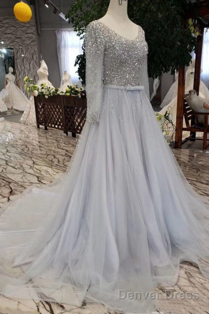 Long Sleeves Beading V-Neck Tulle Prom Dresses