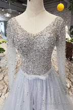 Long Sleeves Beading V-Neck Tulle Prom Dresses