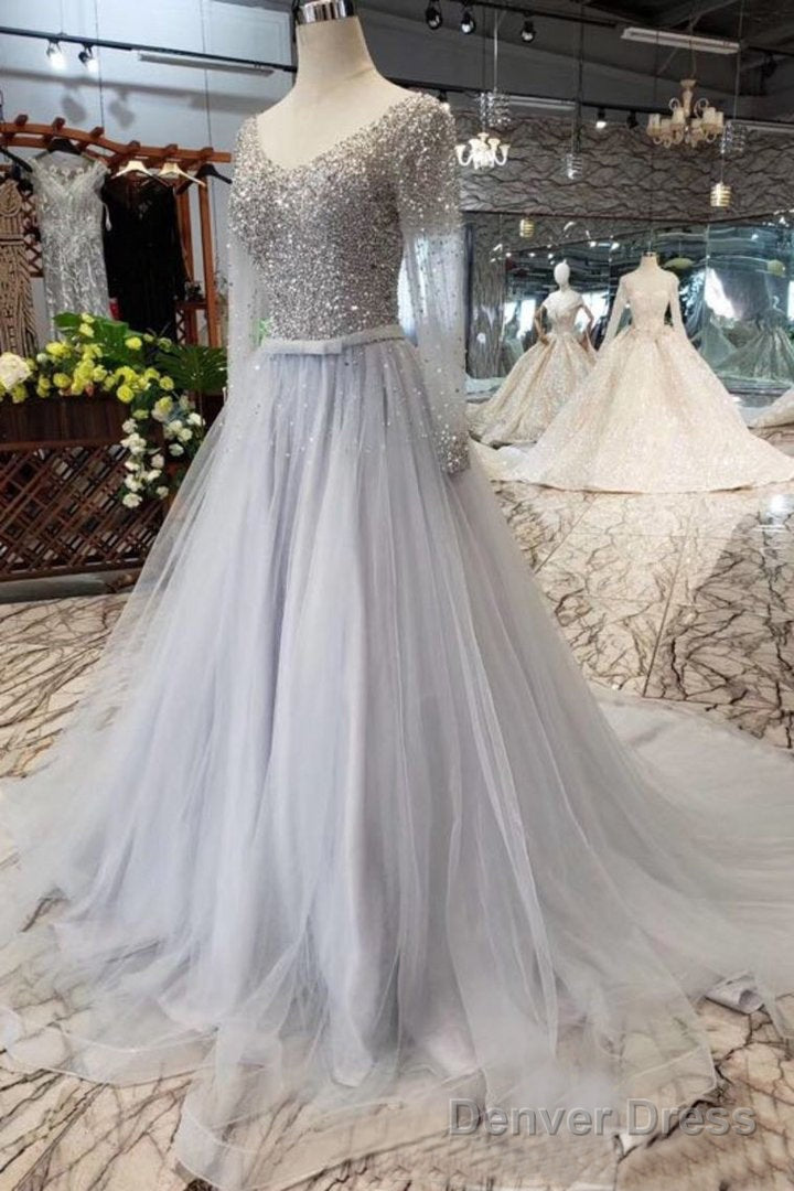 Long Sleeves Beading V-Neck Tulle Prom Dresses Main image