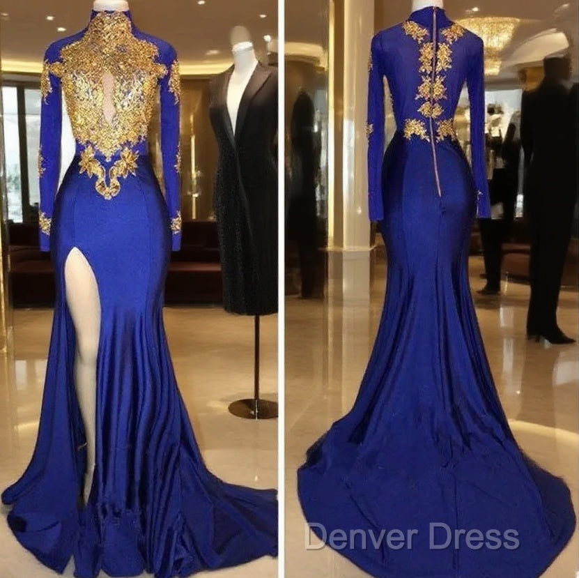 Long Sleeves Blue Gold Prom Dresses  Side Slit Evening Gowns