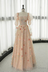 Long Sleeves Champagne Lace Floral Long Prom Dresses, Long Sleeves Champagne Lace Floral Formal Evening Dresses