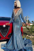 Long Sleeves Deep V-Neck Mermaid Prom Dress Sequins Royal Blue Pink Long