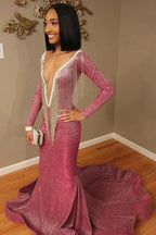 Long Sleeves Deep V-Neck Mermaid Prom Dress Sequins Royal Blue Pink Long