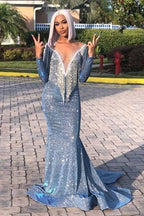 Long Sleeves Deep V-Neck Mermaid Prom Dress Sequins Royal Blue Pink Long