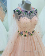 Long Sleeves Prom Dresses Tulle Flowers Beaded