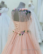 Long Sleeves Prom Dresses Tulle Flowers Beaded