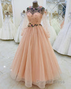 Long Sleeves Prom Dresses Tulle Flowers Beaded