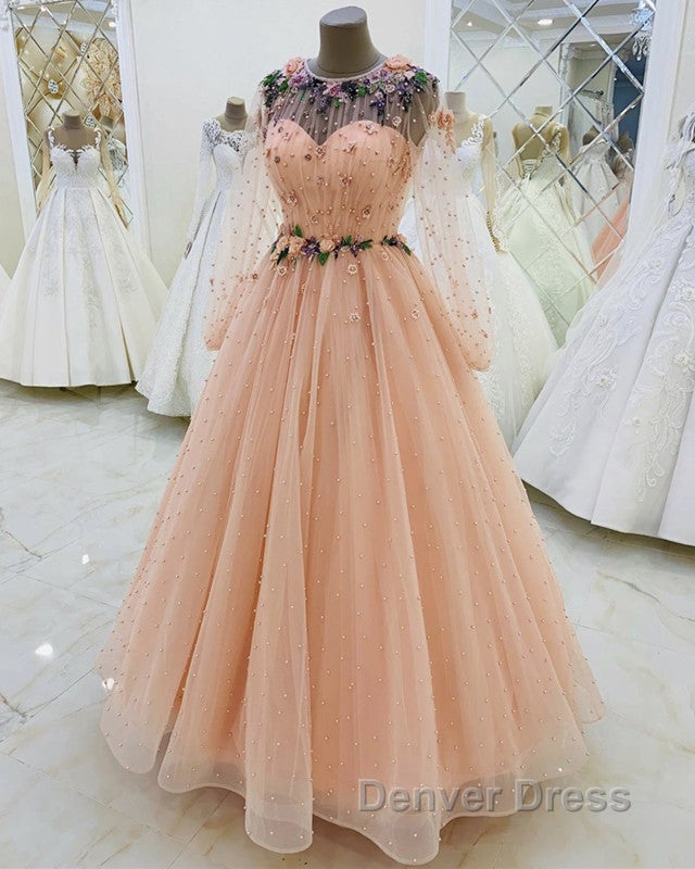 Long Sleeves Prom Dresses Tulle Flowers Beaded