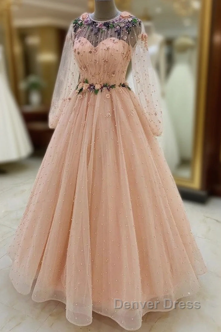 Long Sleeves Prom Dresses Tulle Flowers Beaded