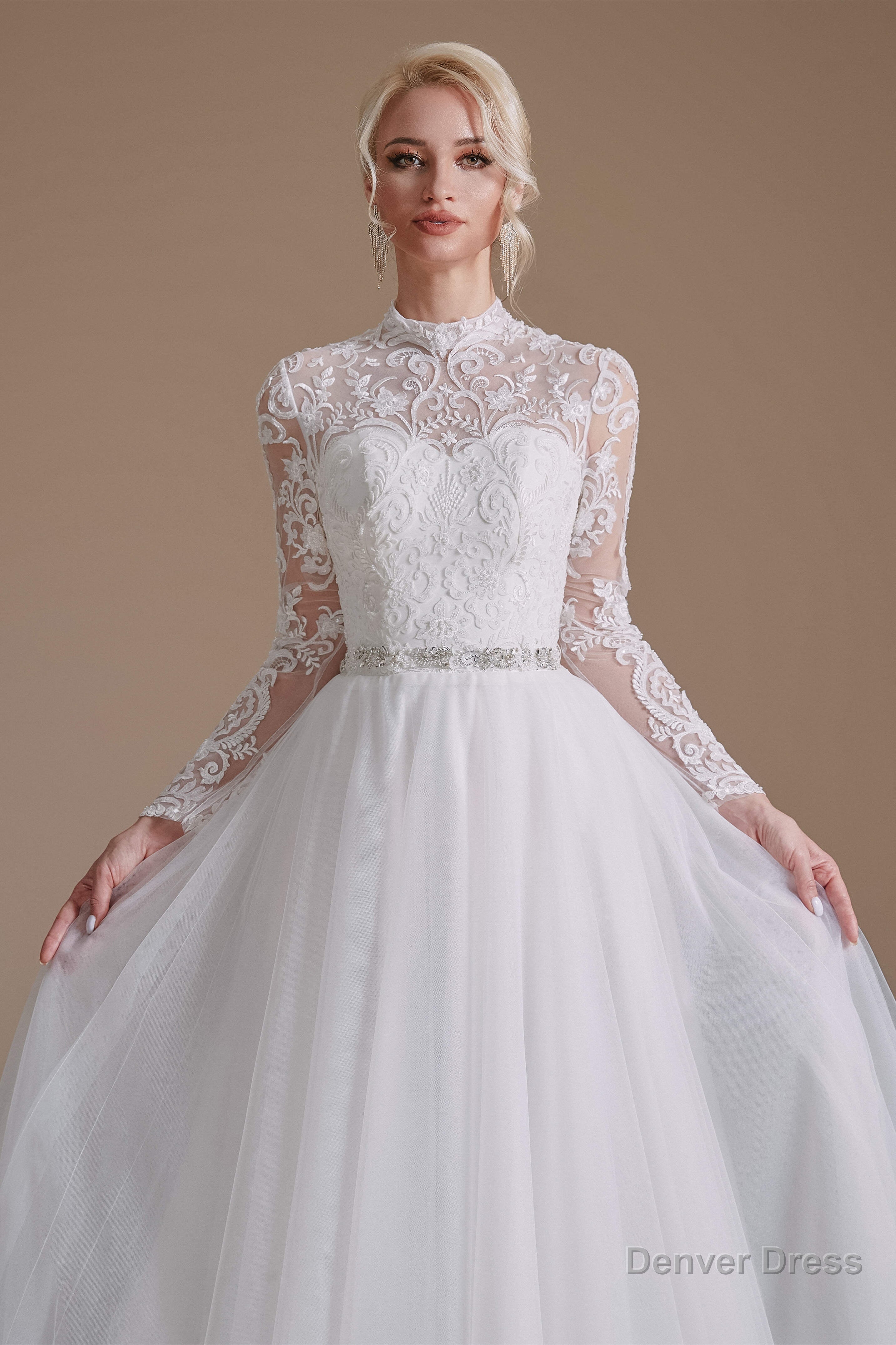 Long Sleeves High Neck with Tulle Train Full A-Line Wedding Dresses Main image