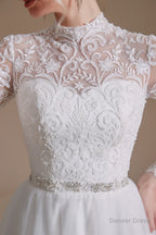Long Sleeves High Neck with Tulle Train Full A Line Wedding Dresses