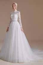 Long Sleeves High Neck with Tulle Train Full A Line Wedding Dresses