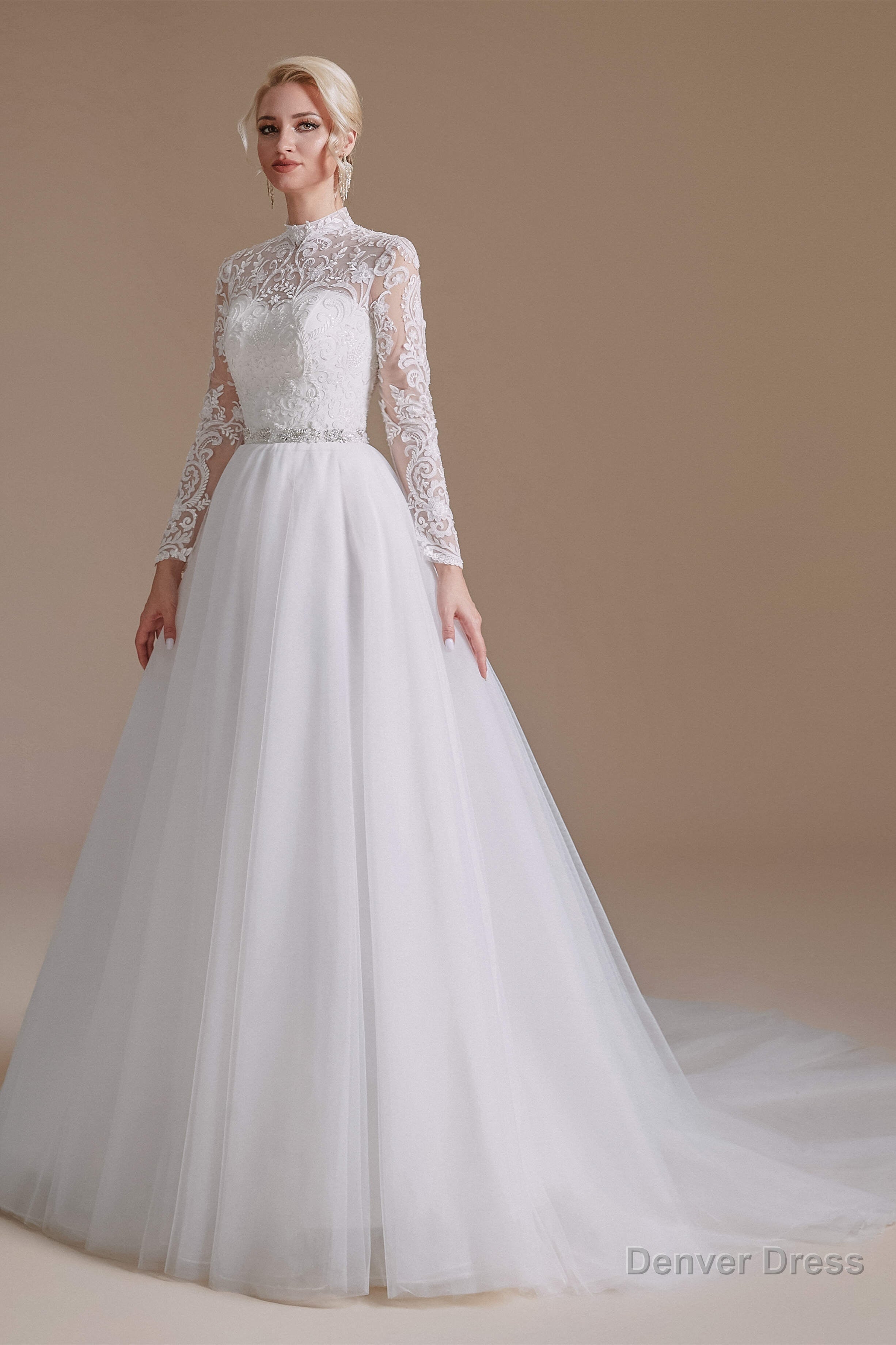 Long Sleeves High Neck with Tulle Train Full A Line Wedding Dresses