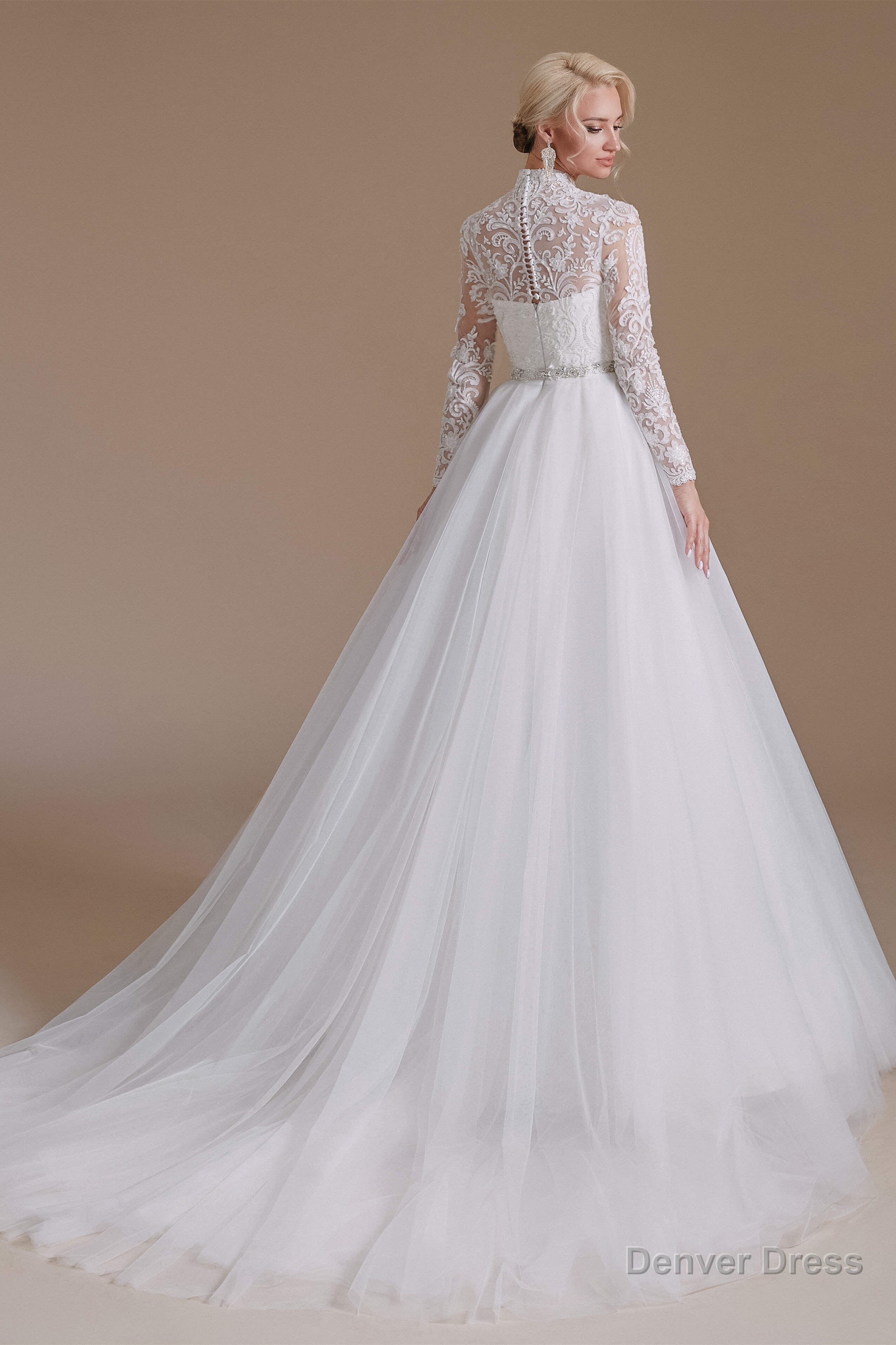 Long Sleeves High Neck with Tulle Train Full A Line Wedding Dresses