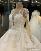 Long Sleeves Lace Applique Vintage Wedding Dresses Ball Gown Bridal Dress