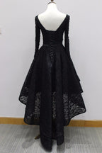 Long Sleeves Lace High Low Prom Dress , Beaded Black Prom Dresses