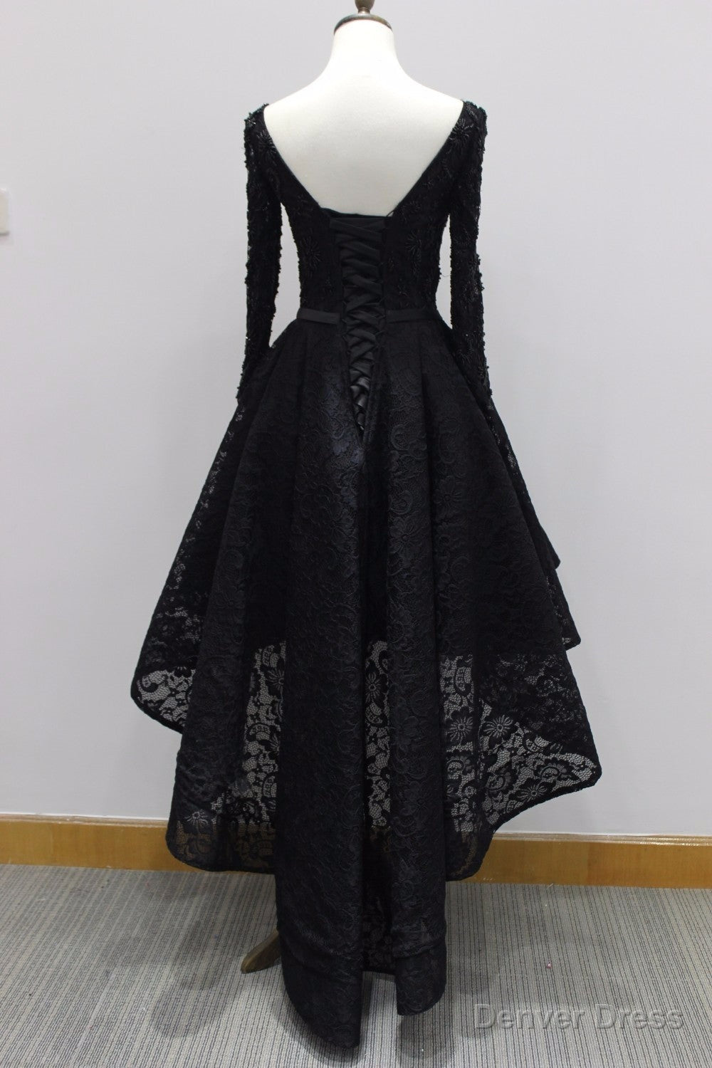 Long Sleeves Lace High Low Prom Dress , Beaded Black Prom Dresses