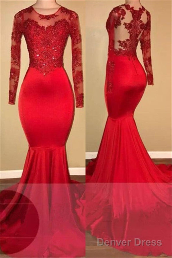 Long Sleeves Mermaid Lace Prom Dresses Red Sheer Tulle Evening Gown Main image