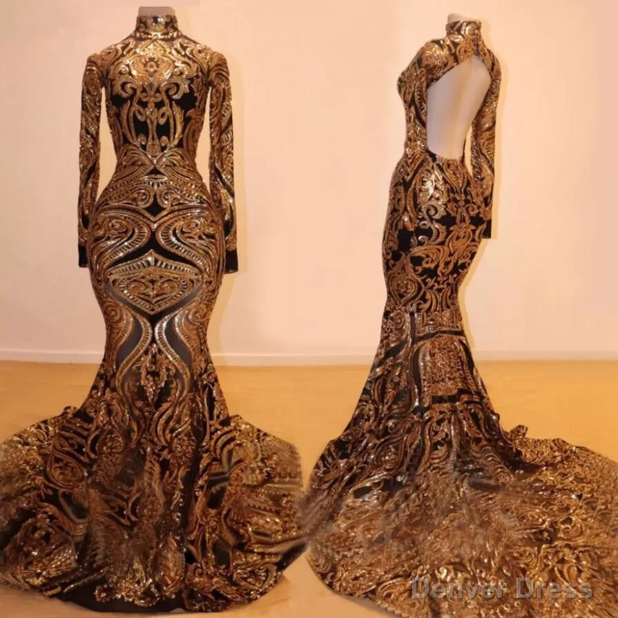 Long Sleeves Mermaid Prom Dresses Gold Appliques Open Back Secondary image
