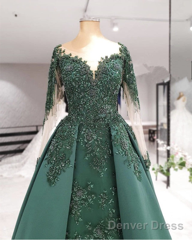 Long Sleeves Mermaid Prom Dresses Sweep Train Lace Beaded