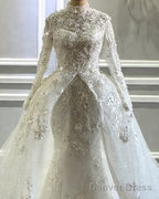 Long Sleeves Mermaid Wedding Dresses Lace High Neck