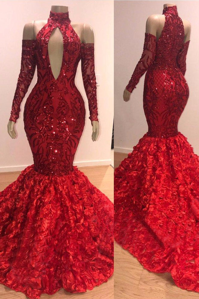 Long Sleeves Modest Halter Mermaid Prom Dress Sequins Long Red Main image