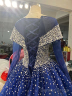 Long Sleeves Navy Blue Wedding Dresses Crystals Sequined Ball Gown Quince Dresses