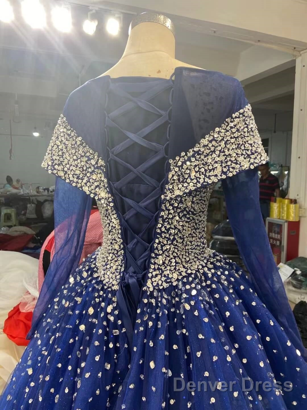 Long Sleeves Navy Blue Wedding Dresses Crystals Sequined Ball Gown Quince Dresses