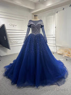 Long Sleeves Navy Blue Wedding Dress Crystals Sequined Ball Gowns Quince Dresses