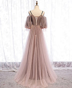 Long Sleeves Pink Tulle Long Prom Dress with Lace, Pink Floor Length Prom Dresses