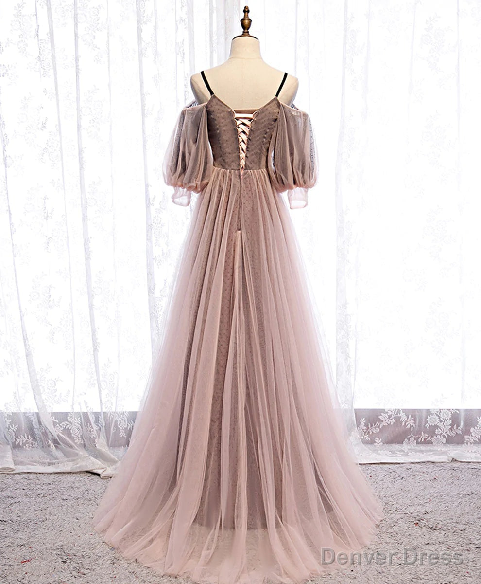 Long Sleeves Pink Tulle Long Prom Dress with Lace, Pink Floor Length Prom Dresses
