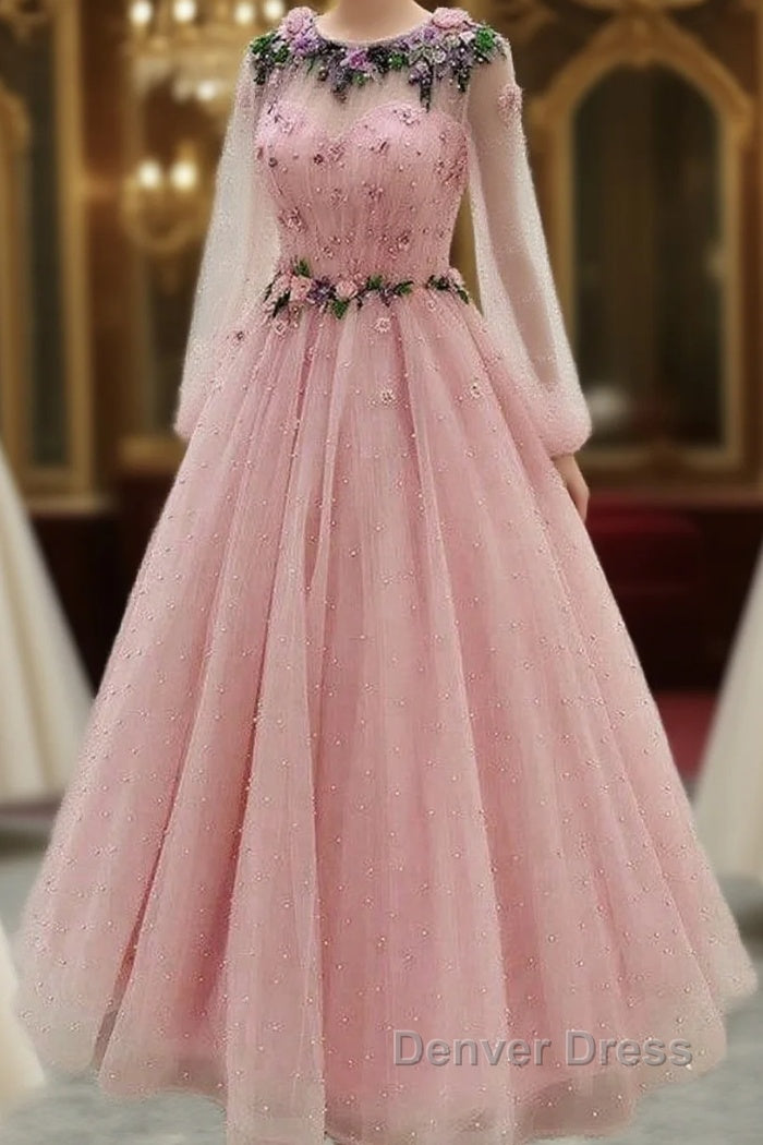 Long Sleeves Prom Dresses Princess Tulle Beaded