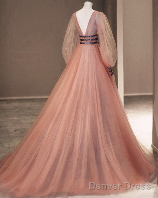 Long Sleeves Prom Dresses Tulle V Neck Secondary image