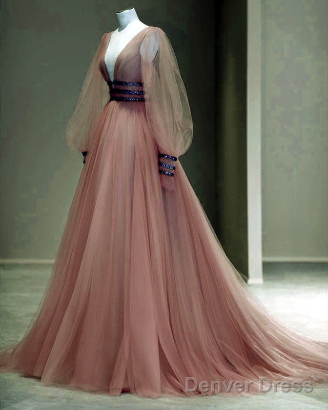 Long Sleeves Prom Dresses Tulle V Neck Main image